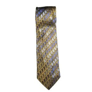 Format Blue Gold Geometric Print Dress Silk Textured Pointed Tie Japanese Made